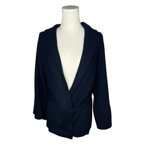 Ya-Ya Navy Blue Cashmere Wool Wide Kimono Sleeve Banded Waist Sweater Cardigan